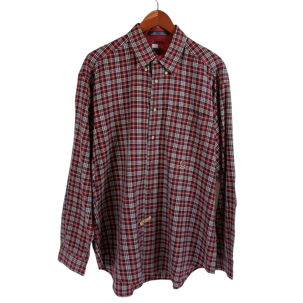 VINTAGE Tommy Hilfiger SIZE L  Button Down Shirt Mens Red Plaid Crest Preppy